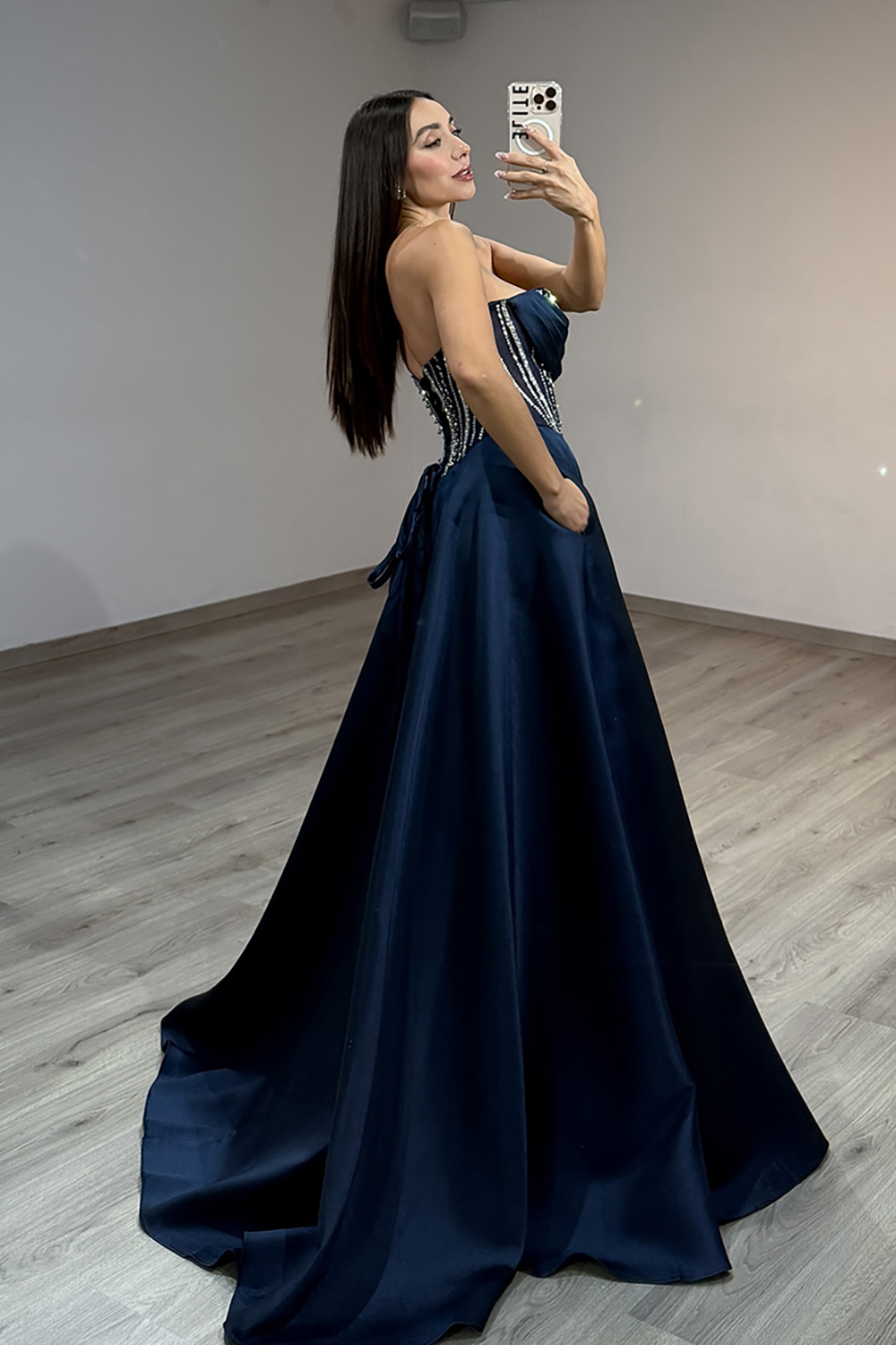 Sparkly Navy Corset Ball Gown Satin Long Prom Dress with Slit