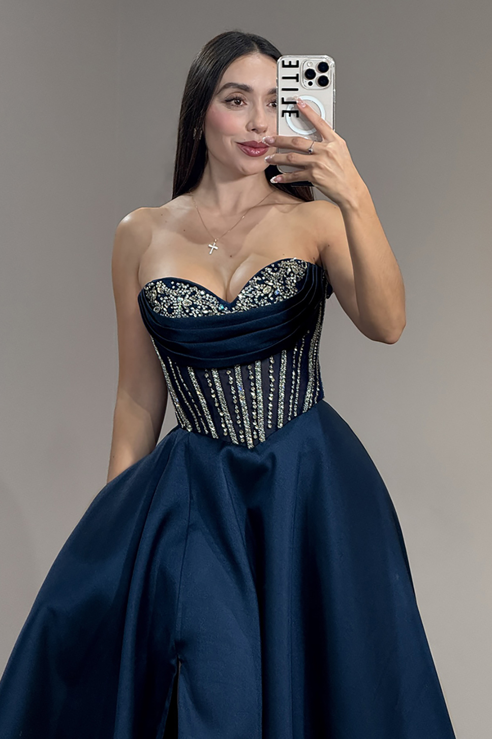 Sparkly Navy Corset Ball Gown Satin Long Prom Dress with Slit