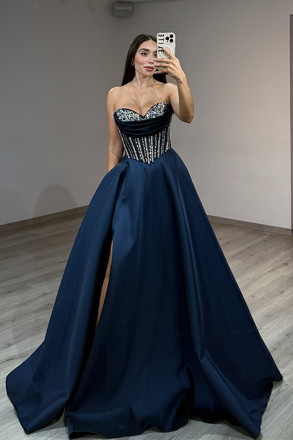 Sparkly Navy Corset Ball Gown Satin Long Prom Dress with Slit
