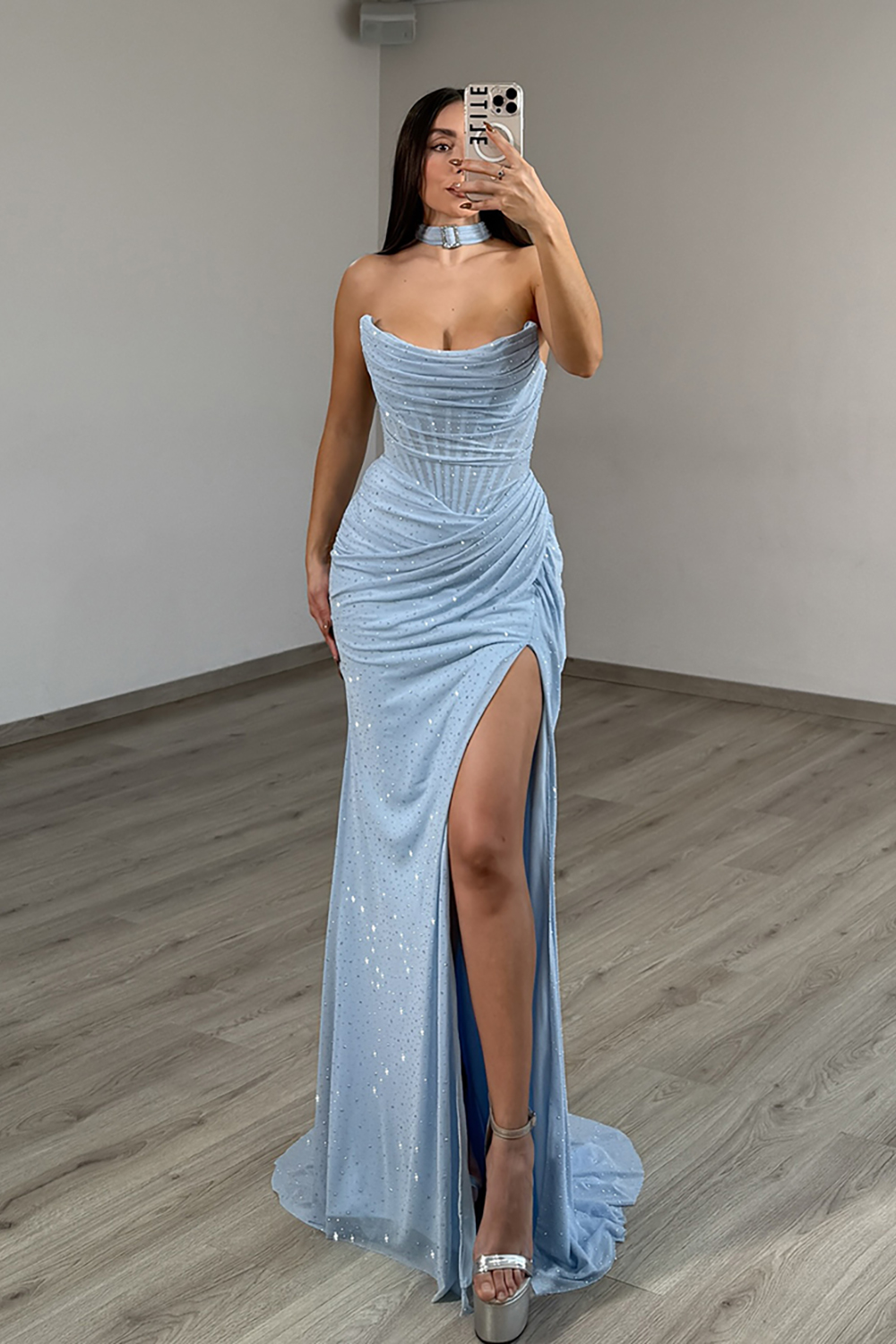Sparkly Light Blue Mermaid Corset Beaded Long Prom Dress with Slit