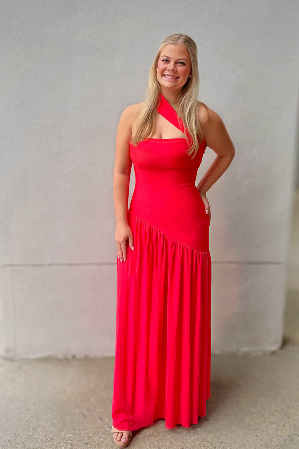 Simple Red One Shoulder Sheath Long Prom Dress