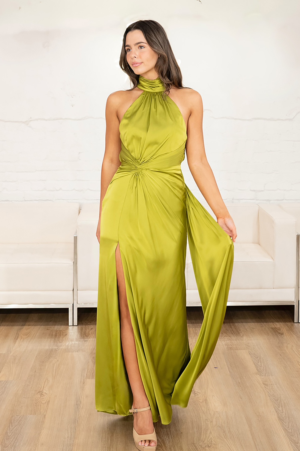 Olive Halter Sheath Satin Long Prom Dress with Side Cape