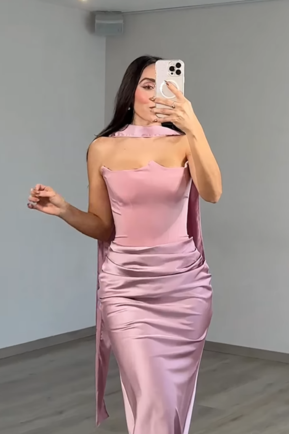 Red Mermaid Corset Satin Strapless Neck Scarf Long Prom Dress