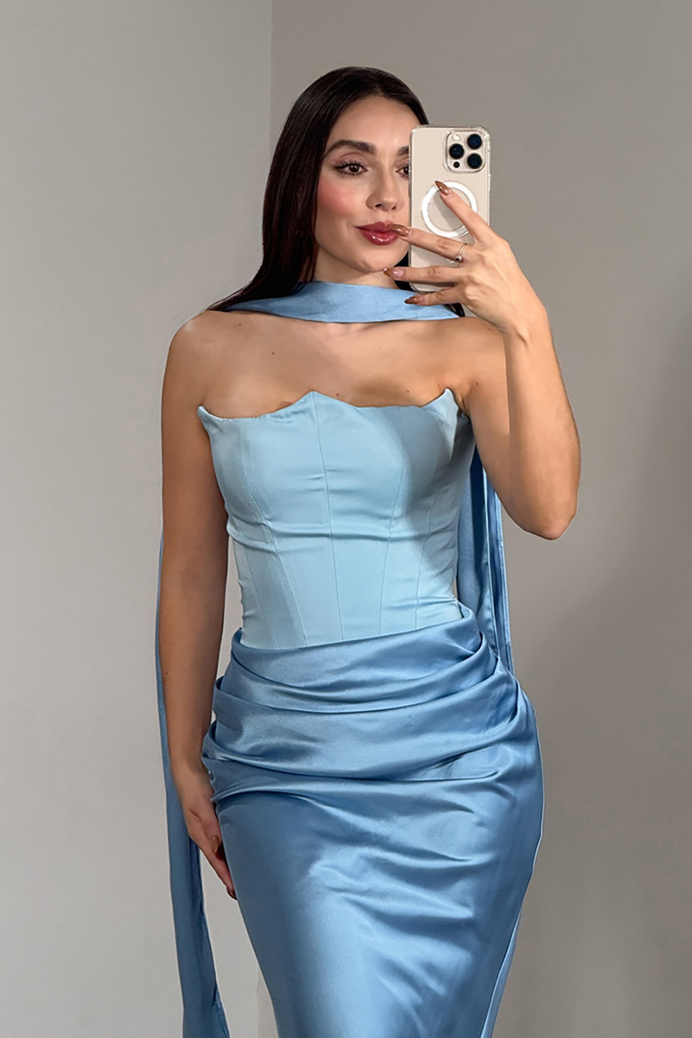 Red Mermaid Corset Satin Strapless Neck Scarf Long Prom Dress