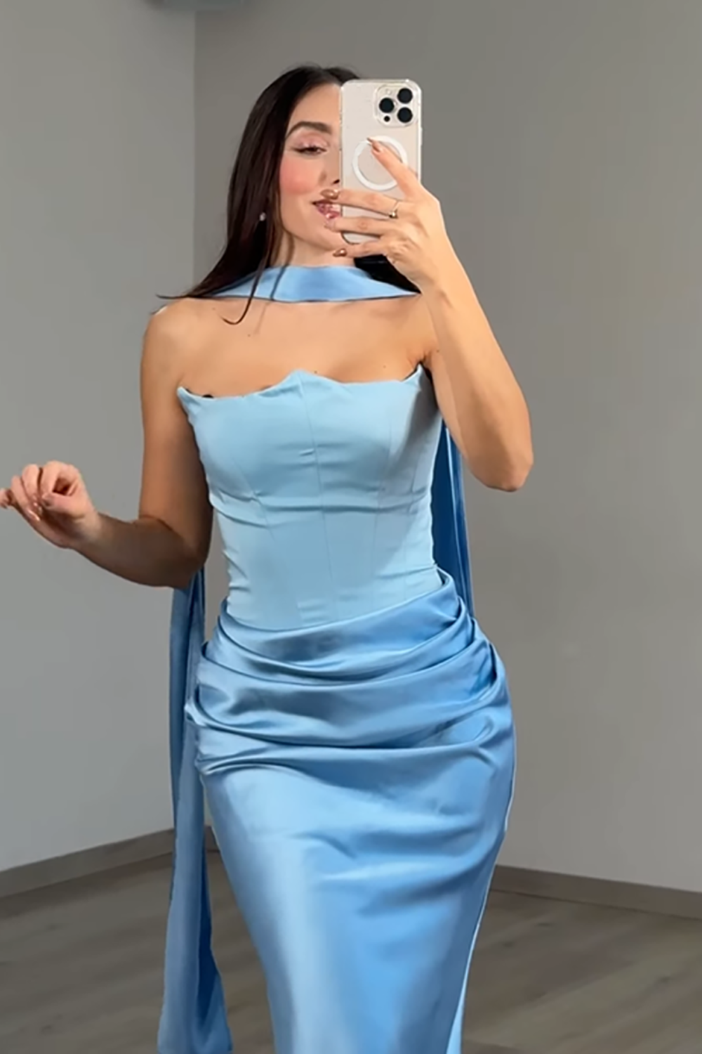 Red Mermaid Corset Satin Strapless Neck Scarf Long Prom Dress