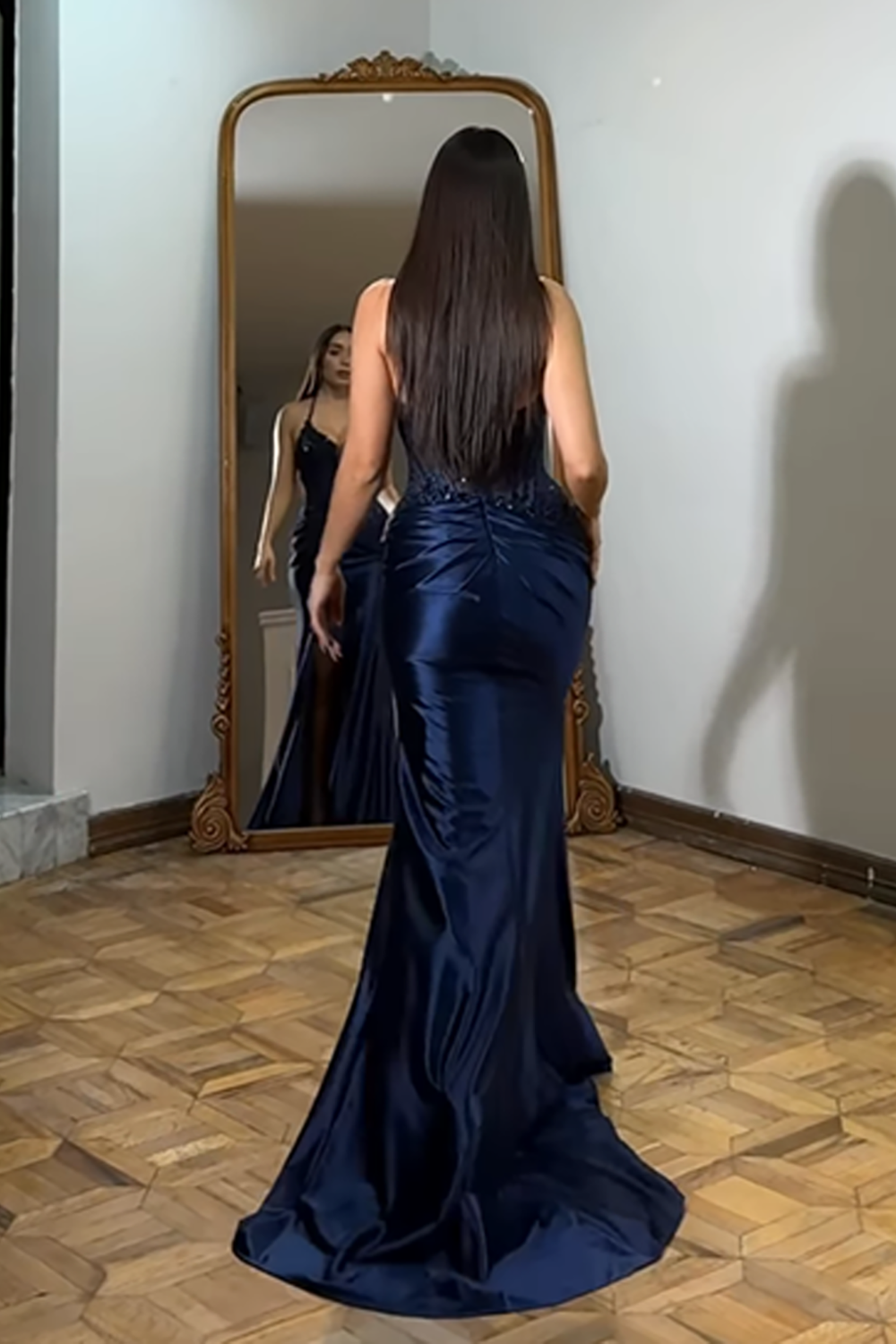 Sparkly Navy Mermaid Corset Satin Long Prom Dress with Slit