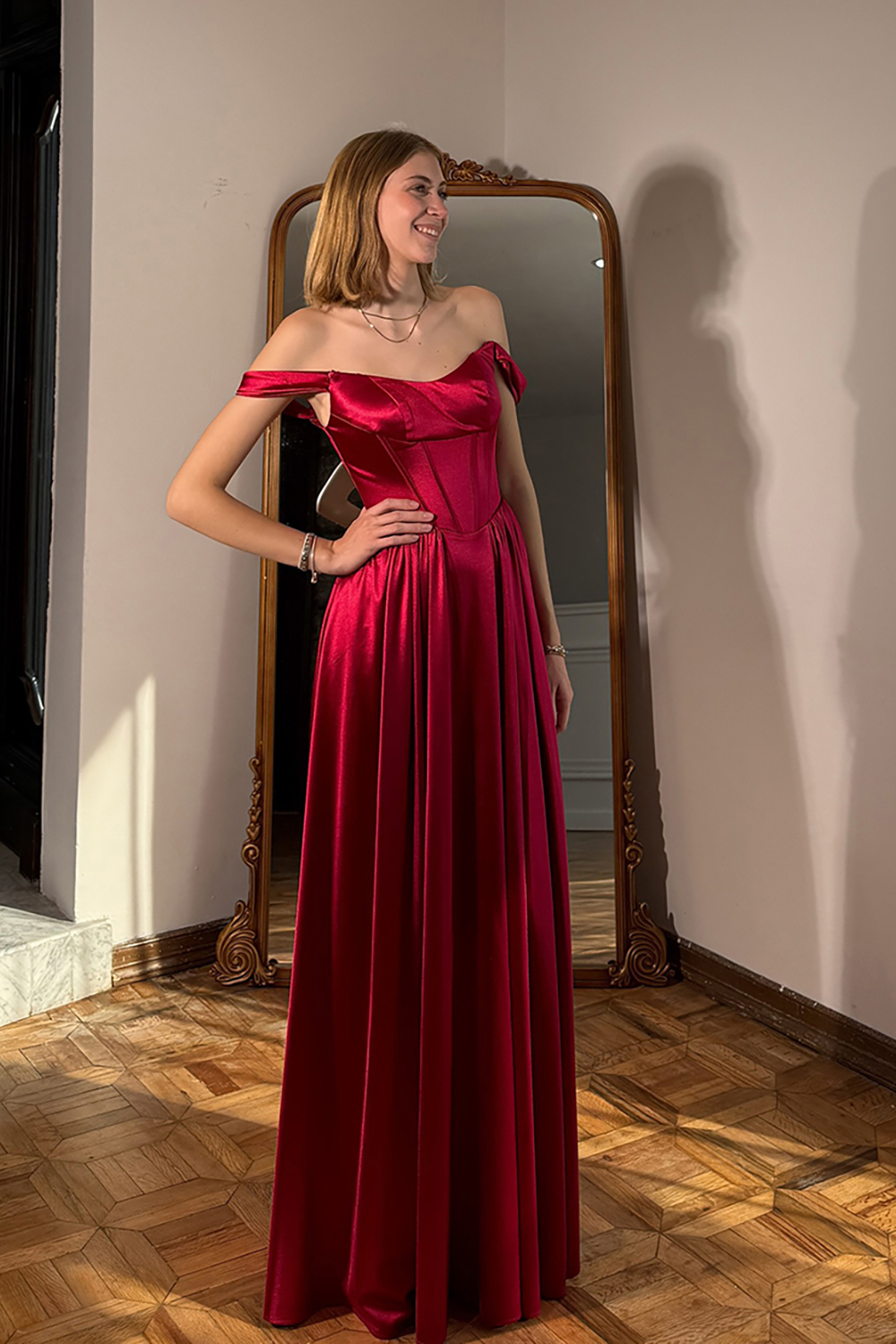 Simple Red Corset Off the Shoulder Satin Long Prom Dress