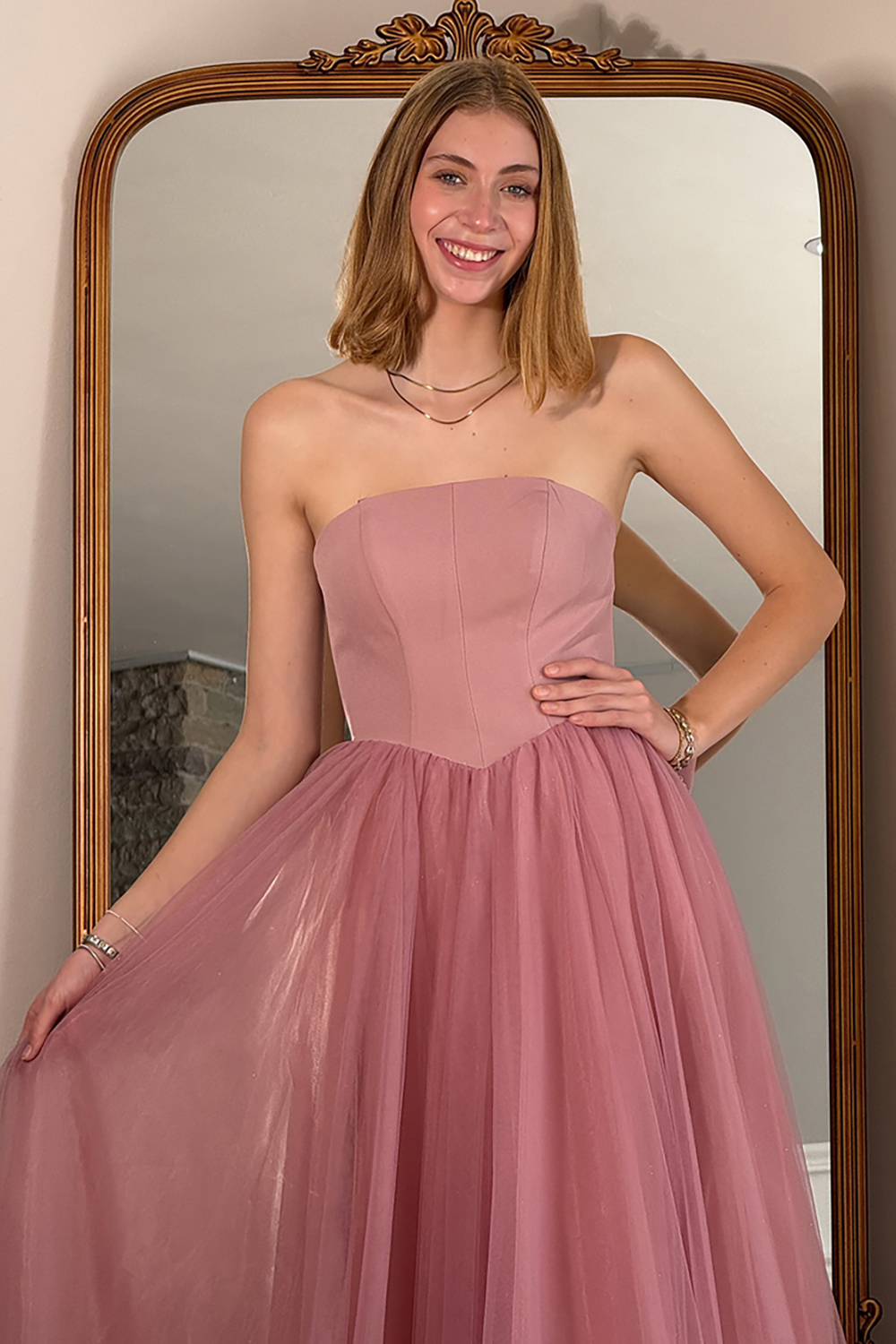 Blush Corset Strapless Tulle Long Prom Dress with Bow