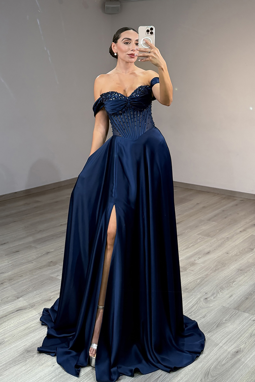 Sparkly Navy Satin Off the Shoulder Corset Long Prom Dress with Slit