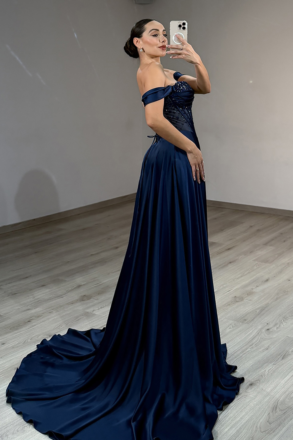 Sparkly Navy Satin Off the Shoulder Corset Long Prom Dress with Slit