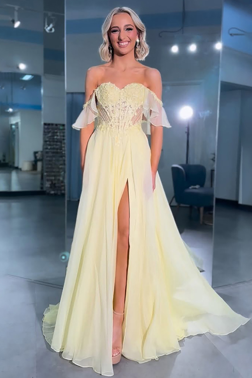 Yellow Off the Shoulder Chiffon Corset Long Prom Dress with Slit