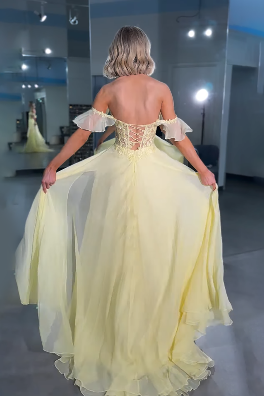 Yellow Off the Shoulder Chiffon Corset Long Prom Dress with Slit