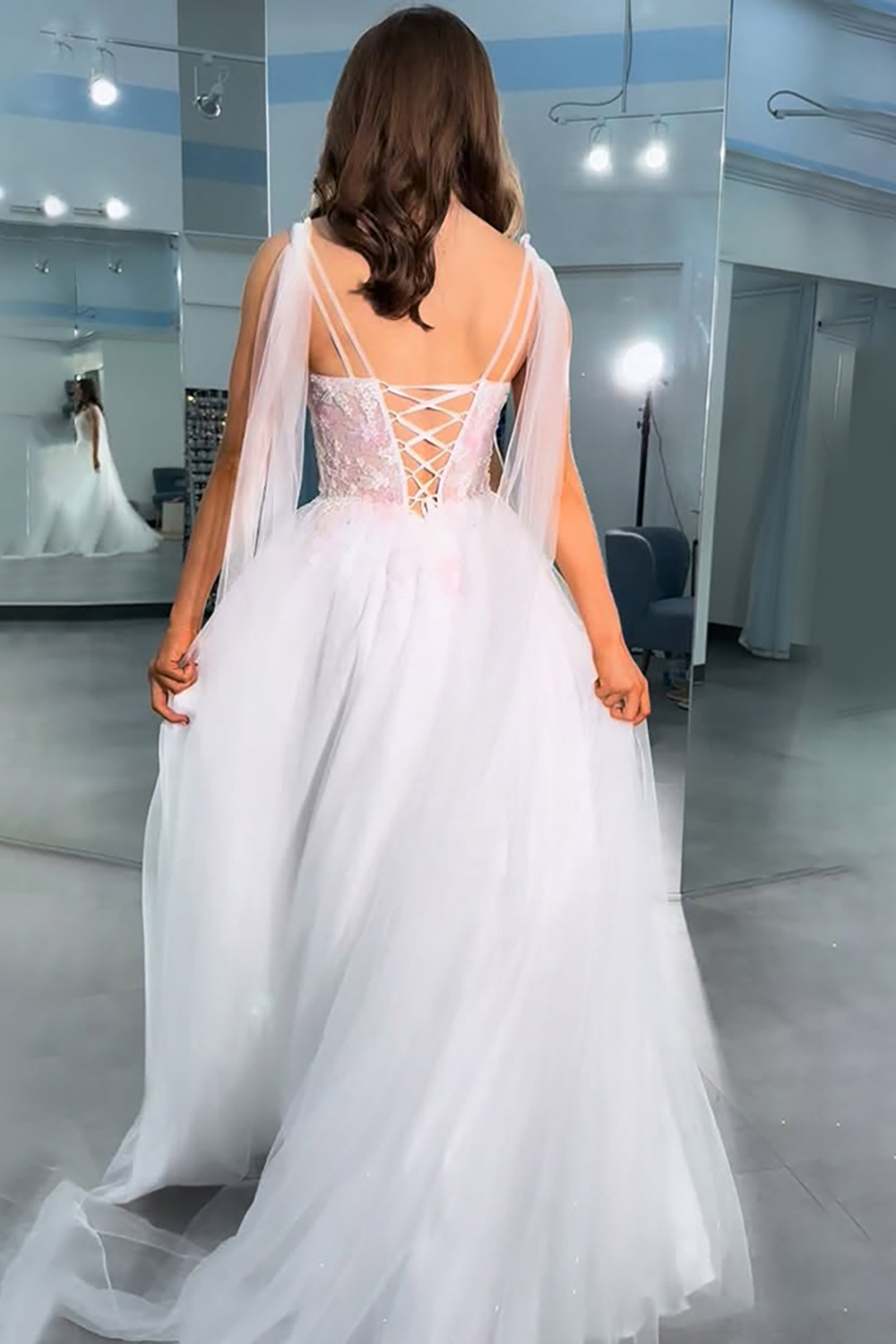 Sparkly White V-Neck Floral A Line Long Prom Dress with Beading