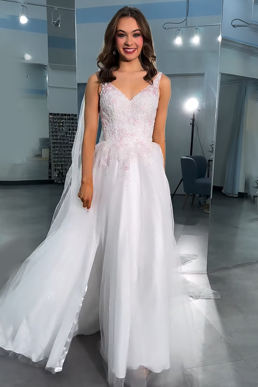 Sparkly White V-Neck Floral A Line Long Prom Dress with Beading