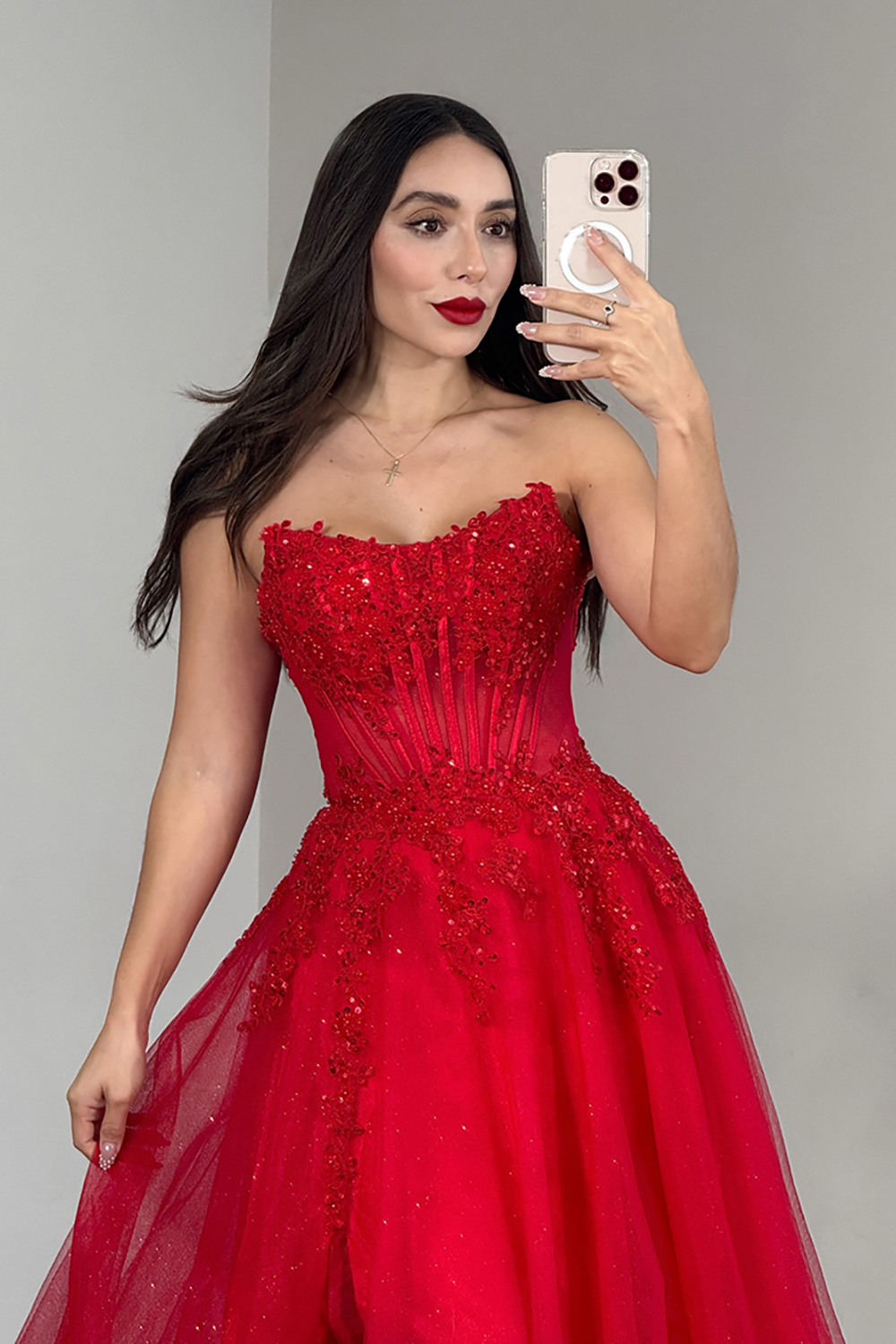 Sparkly Red Corset Beaded Strapless Ball Gown Long Prom Dress with Slit