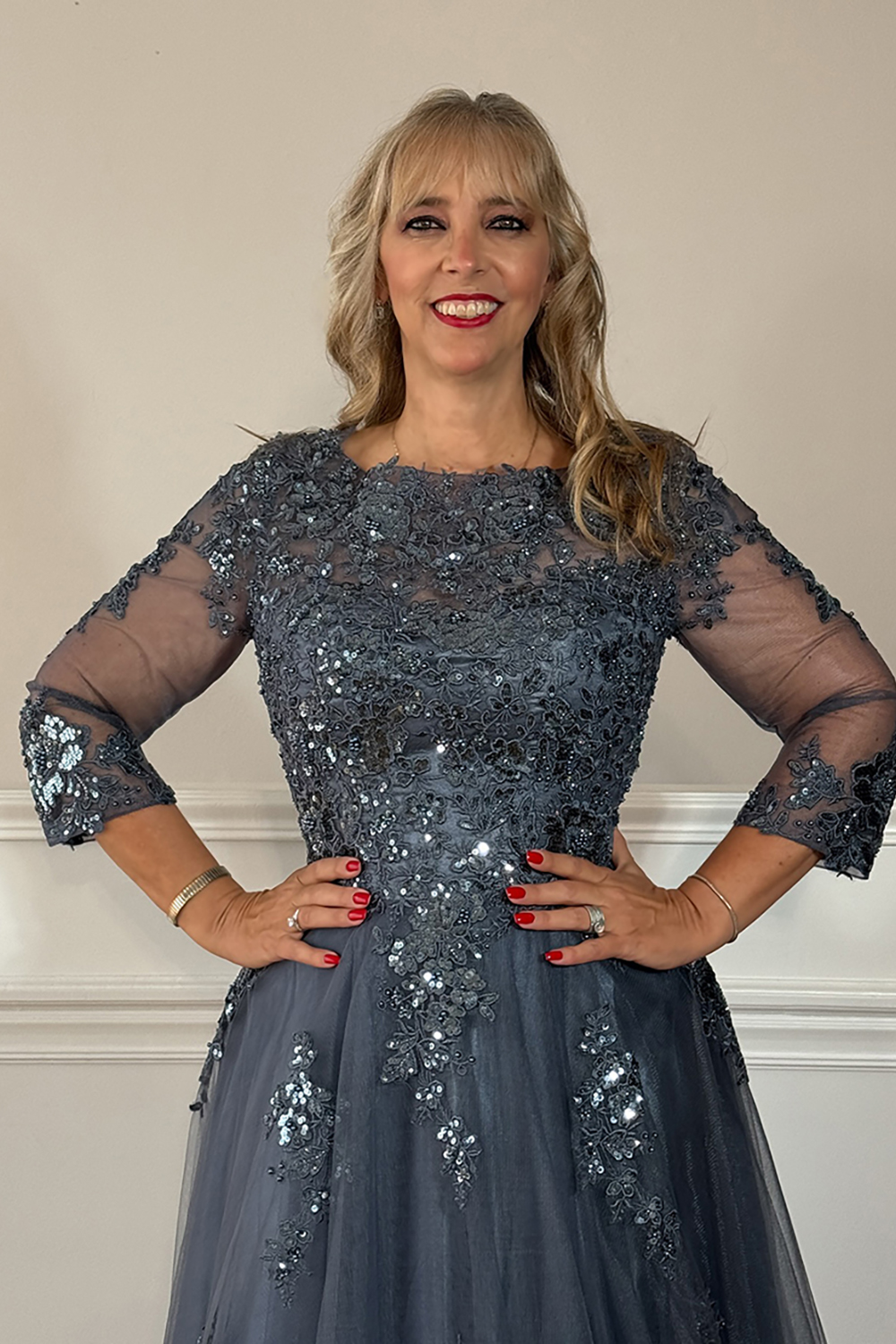 Sparkly Grey Blue Floral Beaded Long Mother of the Bride Dress with Lace