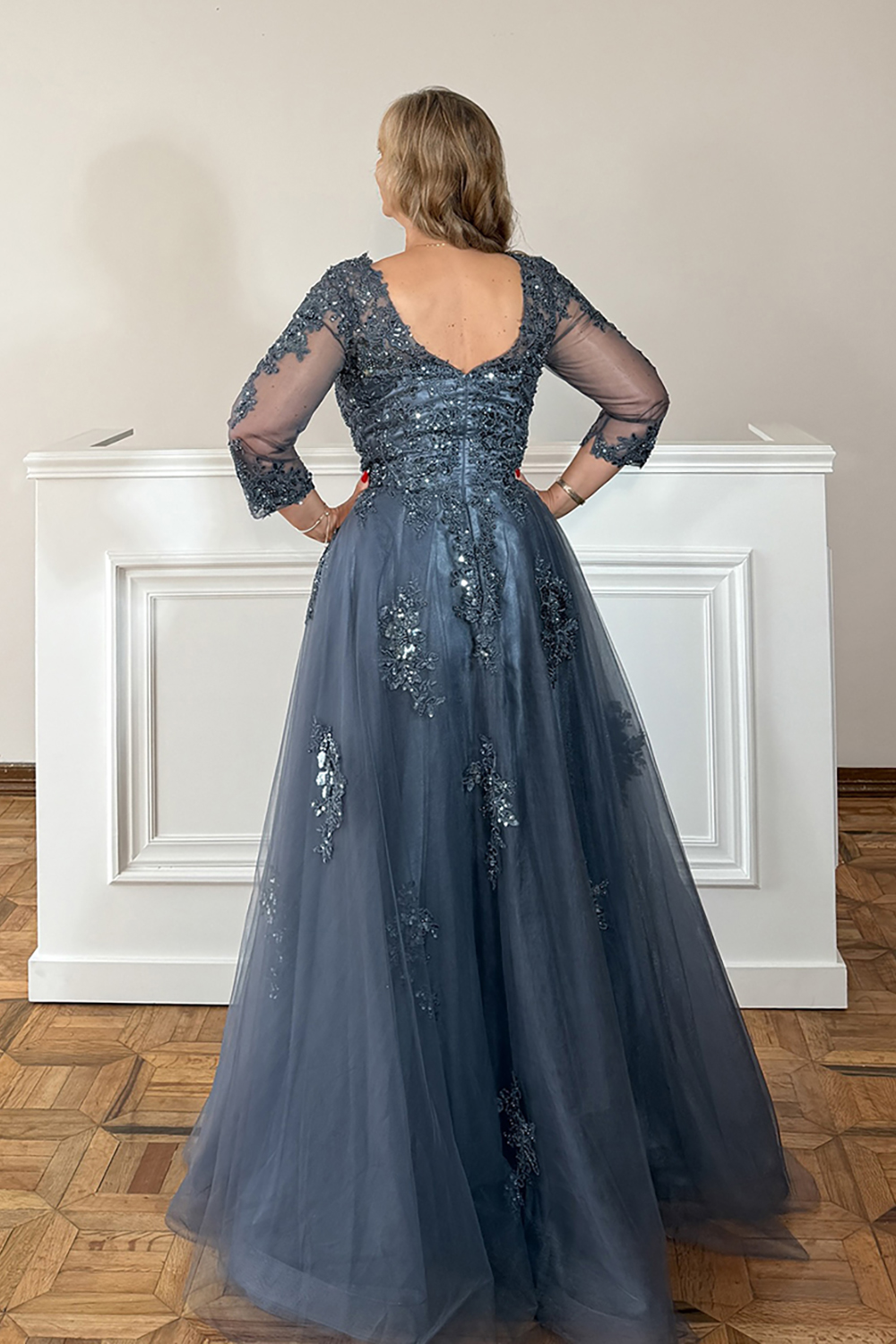 Sparkly Grey Blue Floral Beaded Long Mother of the Bride Dress with Lace