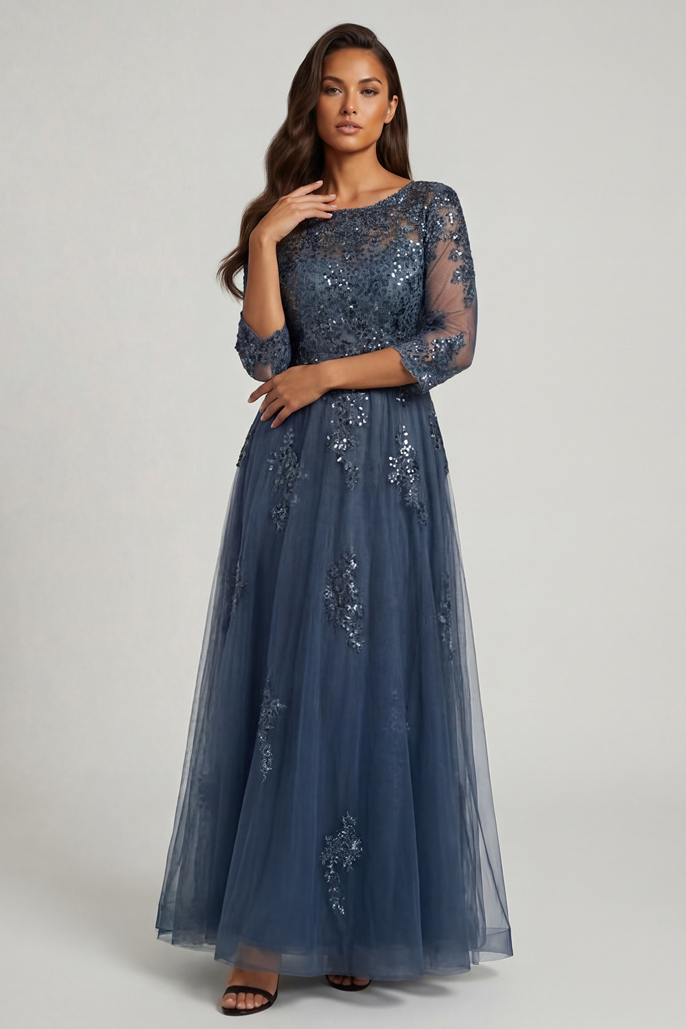 Sparkly Grey Blue Floral Beaded Long Mother of the Bride Dress with Lace
