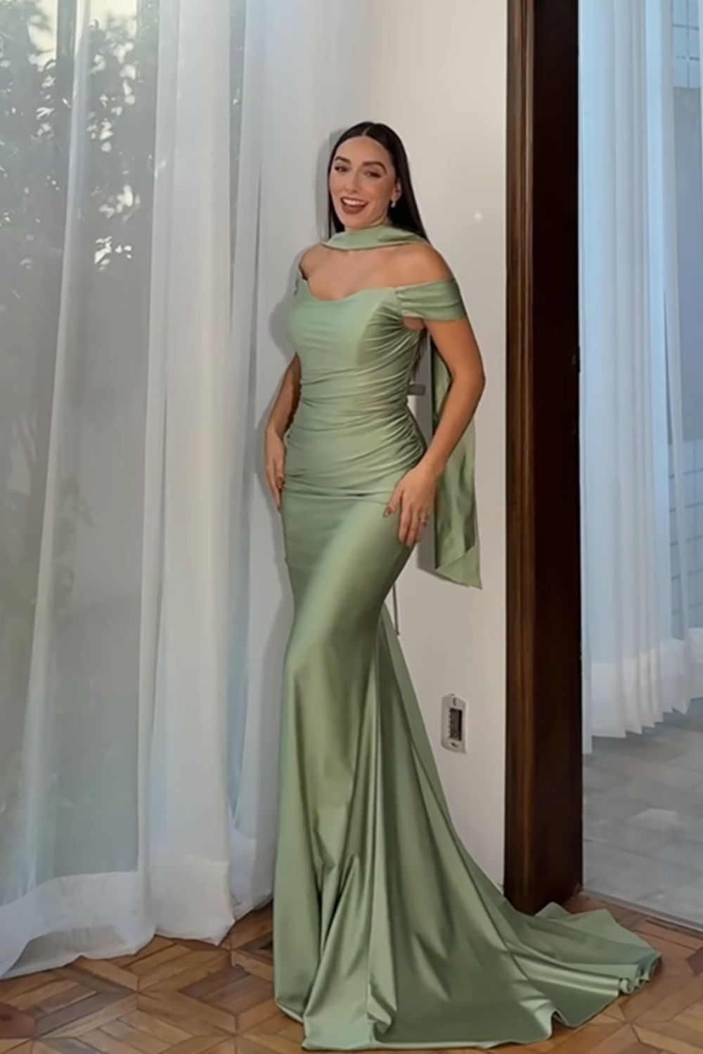 Simple Off the Shoulder Sage Satin Mermaid Neck Scarf Long Prom Dress