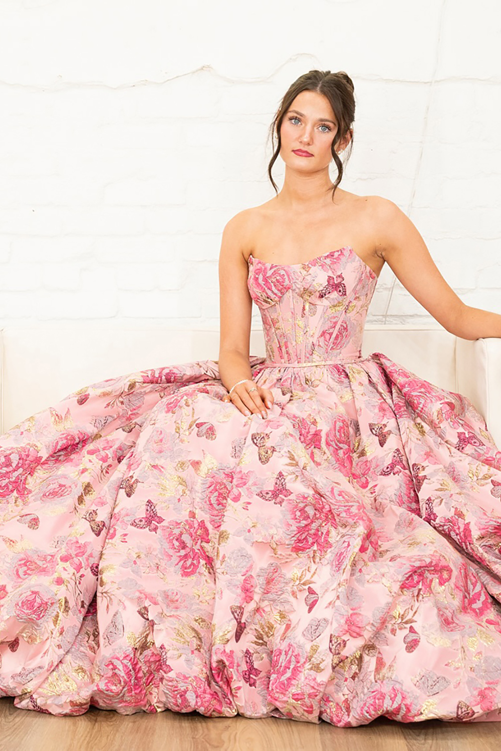 Pink Flower Jacquard Corset Ball Gown Strapless Long Prom Dress