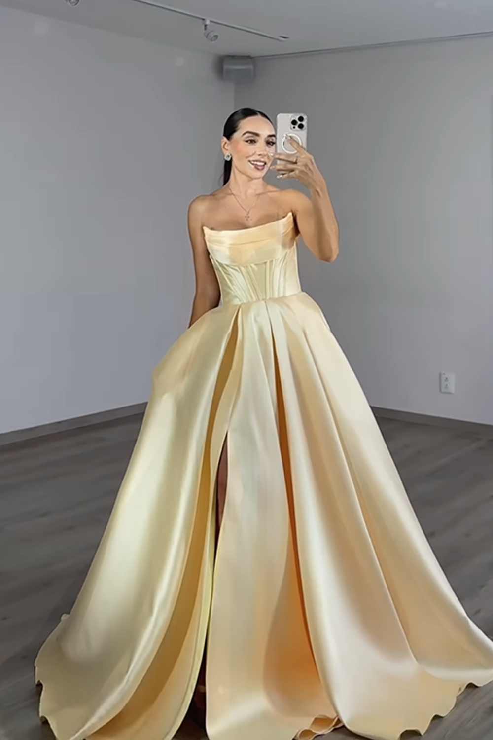 Corset Yellow Satin Ball Gown Strapless Long Prom Dress
