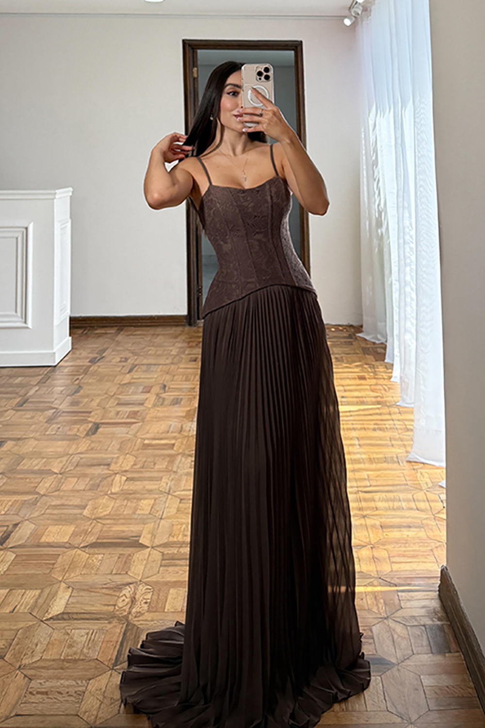 Corset Brown Pleated Floral Lace A Line Long Prom Dress