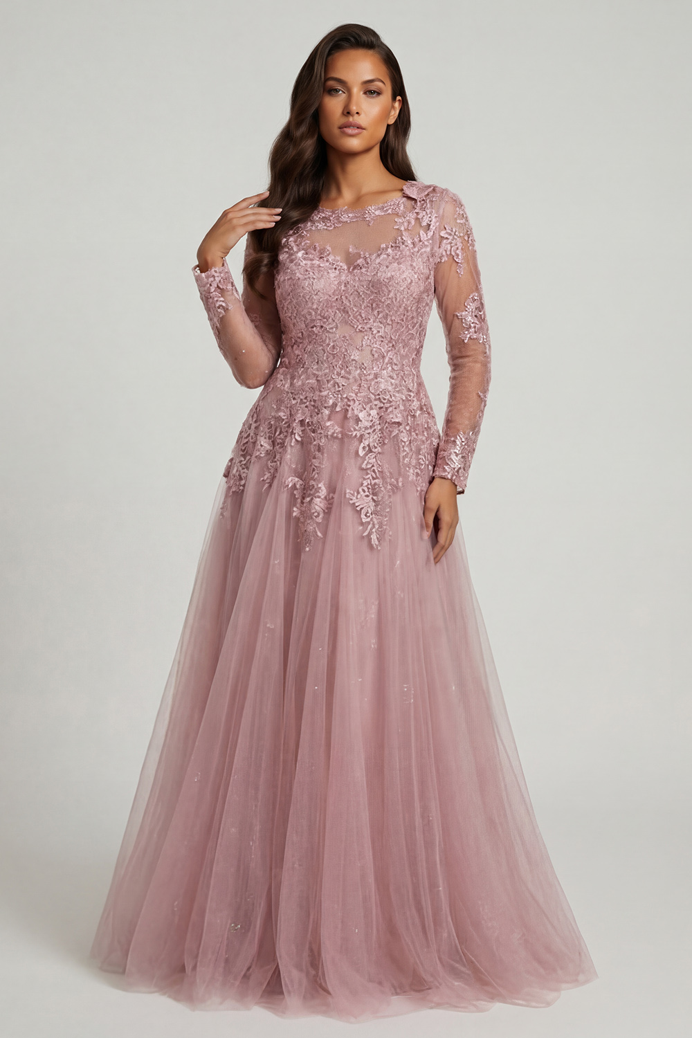 Sparkly Blush Tulle Floral A Line Long Mother of the Bride Dress with Beading