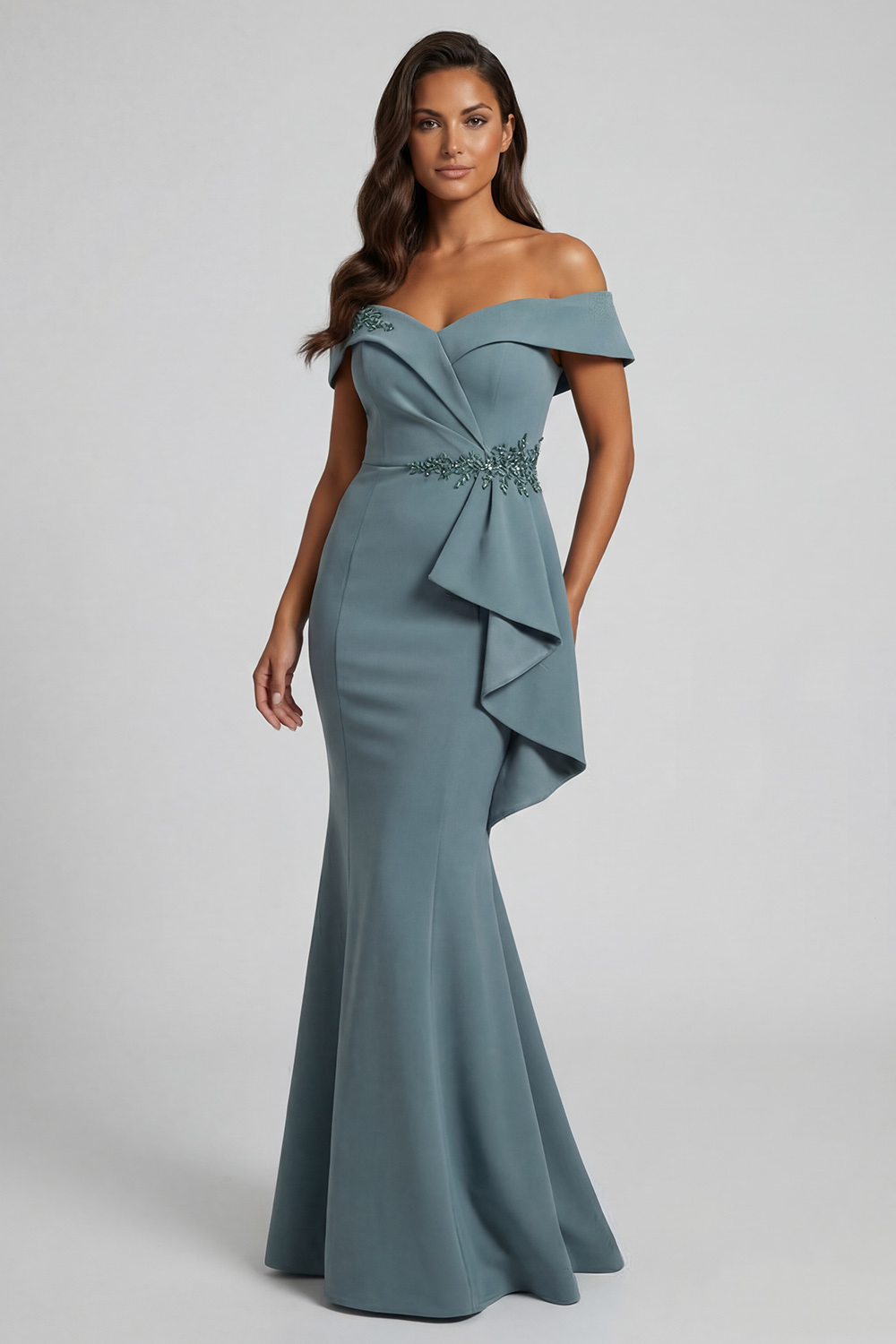 Sparkly Satin Grey Mermaid Long Mother of the Bride Dress with Ruffles
