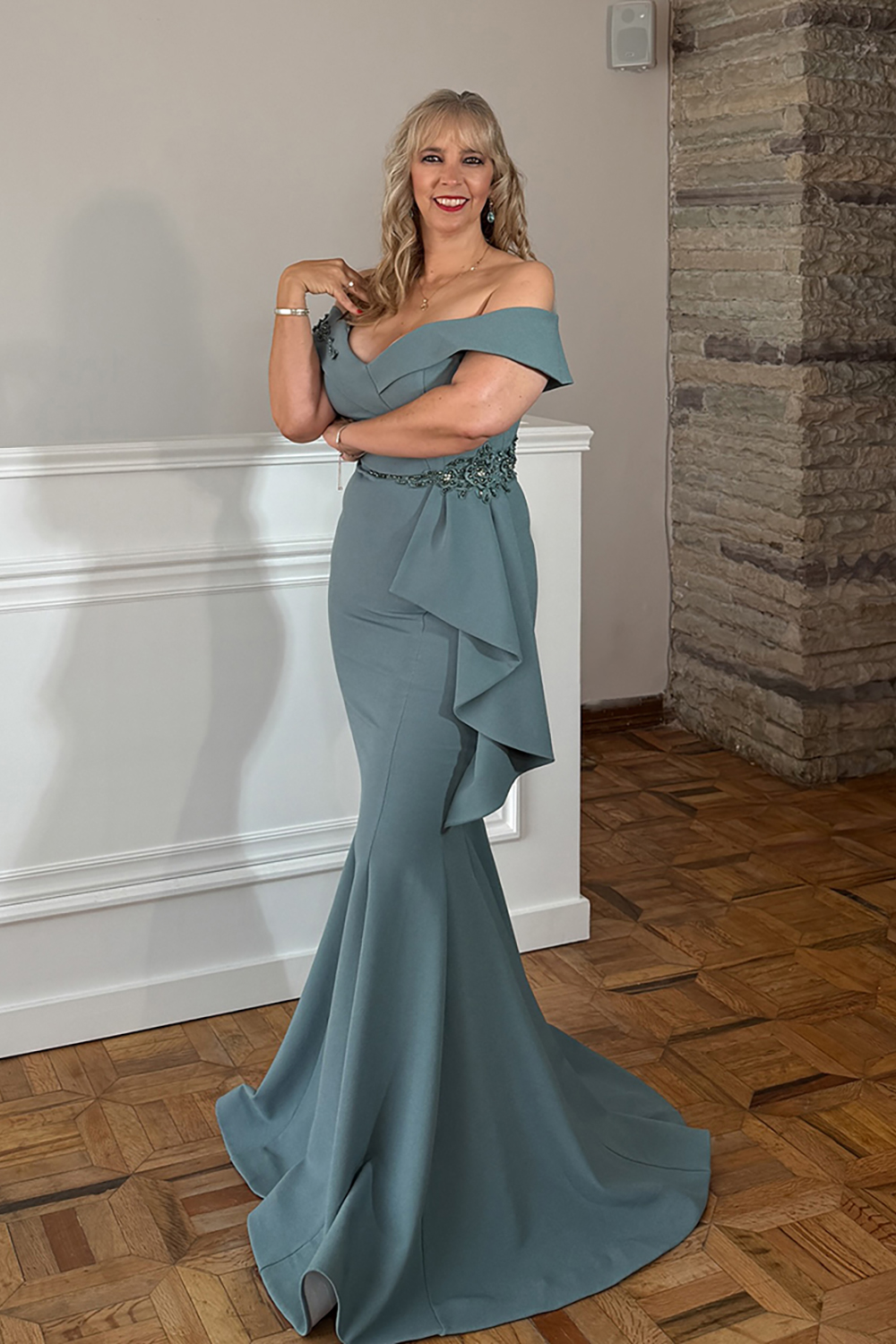 Sparkly Satin Grey Mermaid Long Mother of the Bride Dress with Ruffles