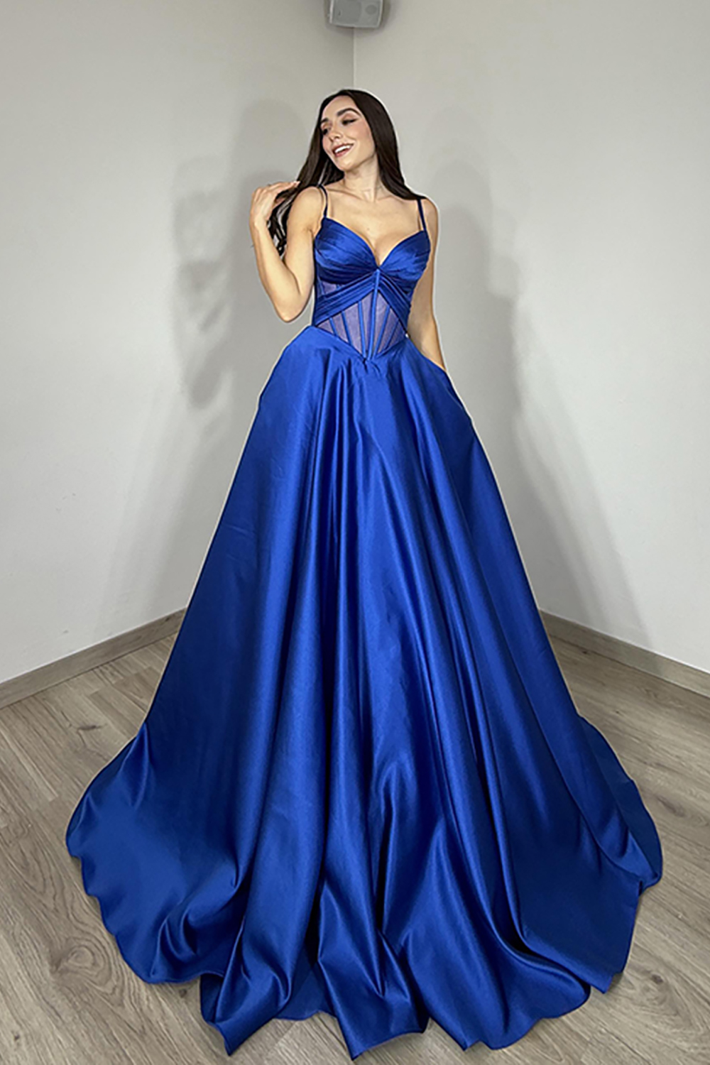Satin Royal Blue Ball Gown Corset Spaghetti Straps Long Prom Dress