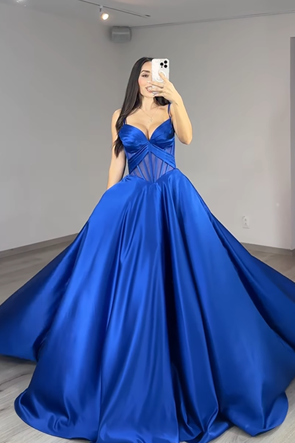 Satin Royal Blue Ball Gown Corset Spaghetti Straps Long Prom Dress
