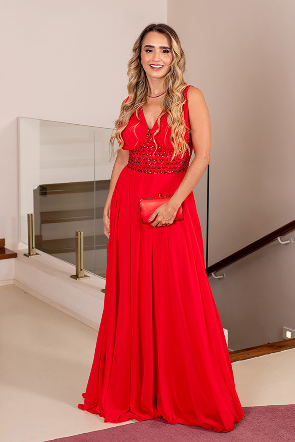 Sparkly Red Beaded Chiffon A Line V-Neck Long Prom Dress