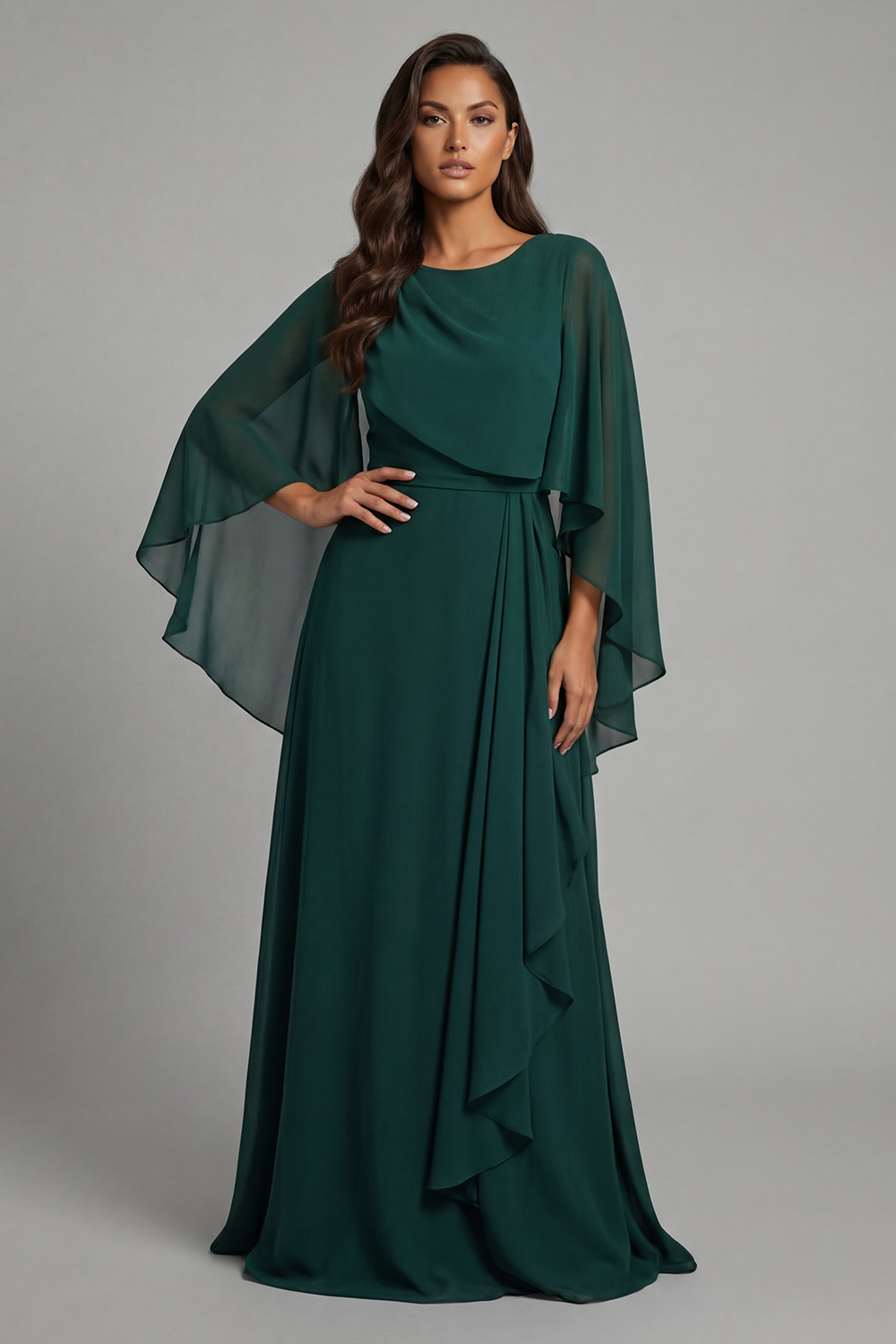 Ruffled Dark Green Chiffon A Line Long Mother of the Bride Dress with Sleeves