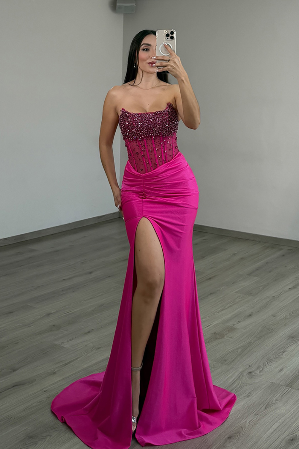 Sparkly Beaded Fuchsia Satin Corset Mermaid Long Prom Dress with Slit