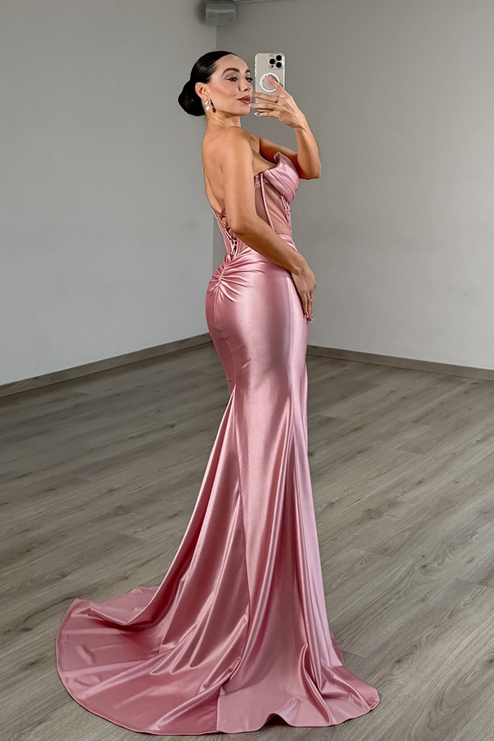 Sparkly Pink Corset Mermaid Satin Long Prom Dress with Slit