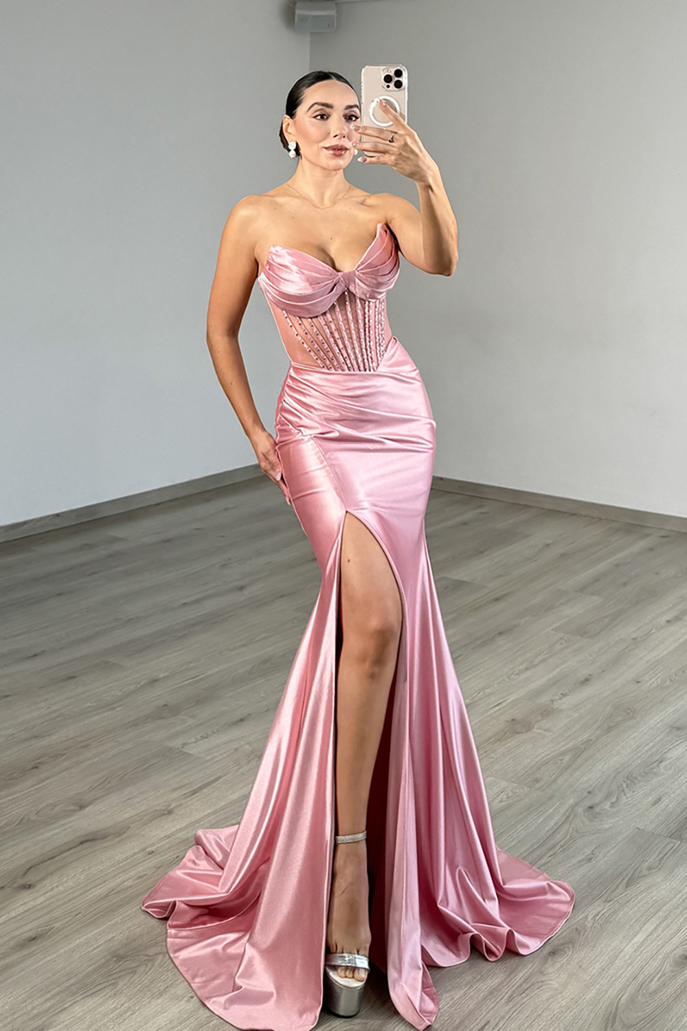 Sparkly Pink Corset Mermaid Satin Long Prom Dress with Slit