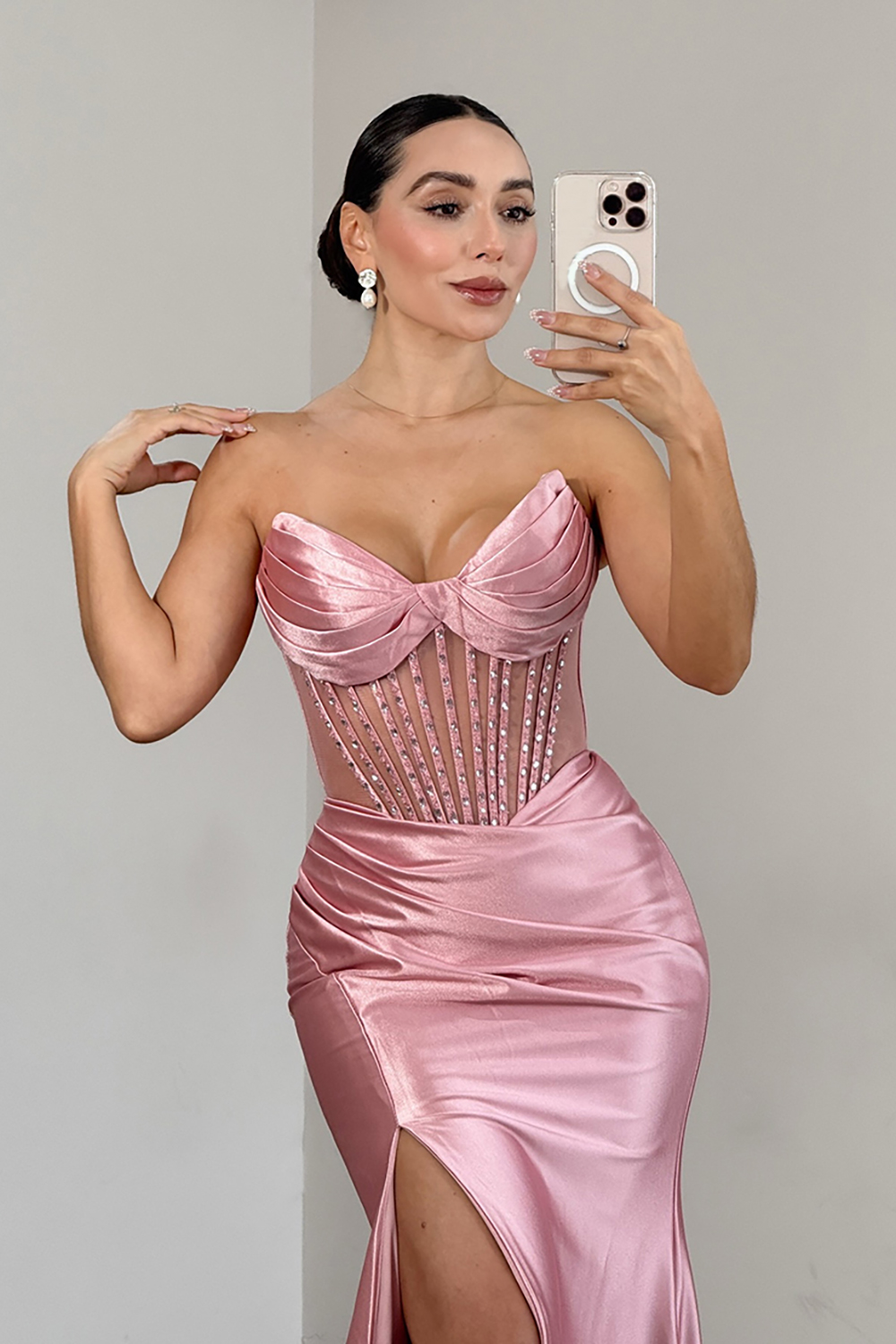 Sparkly Pink Corset Mermaid Satin Long Prom Dress with Slit