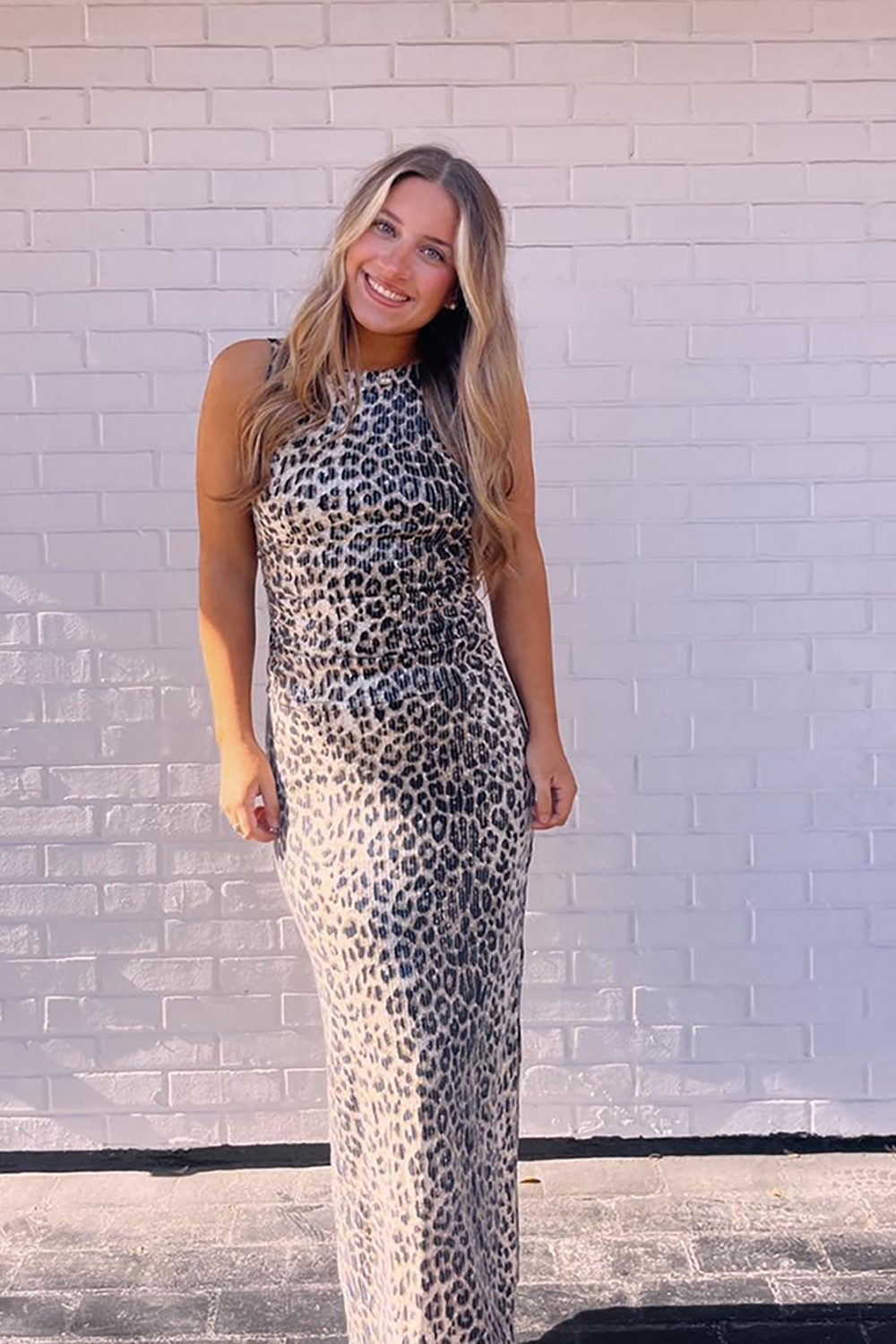 Sparkly Brown Leopard Mermaid Beaded Scoop Neck Long Prom Dress