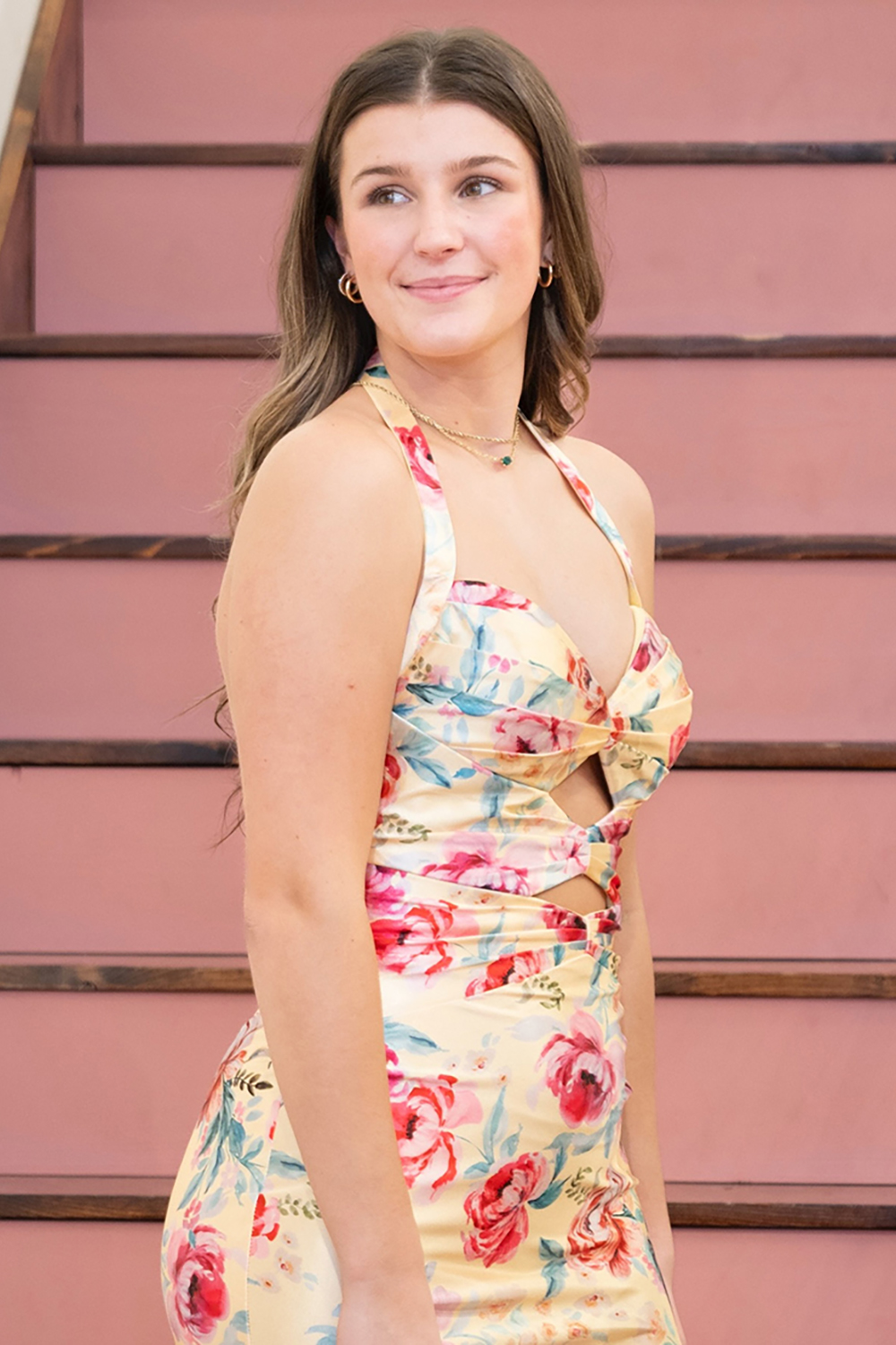 Yellow Floral Halter Mermaid Cut Out Long Prom Dress with Slit