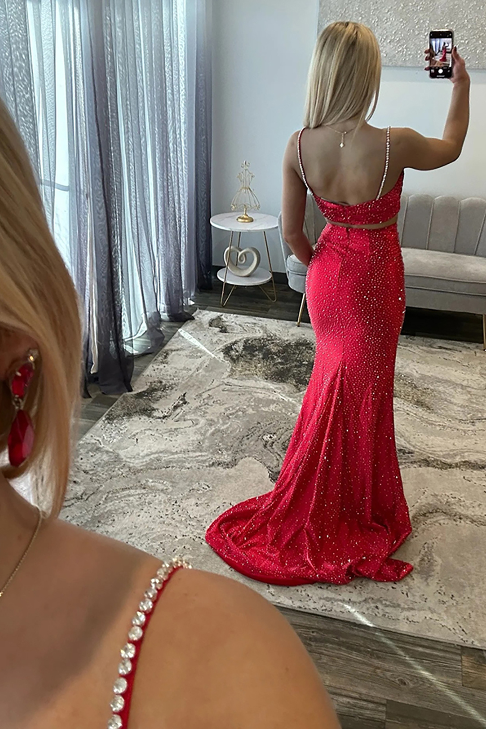 Sparkly Beaded Red Mermaid 2 Piece Long Prom Dress with 3D Flower