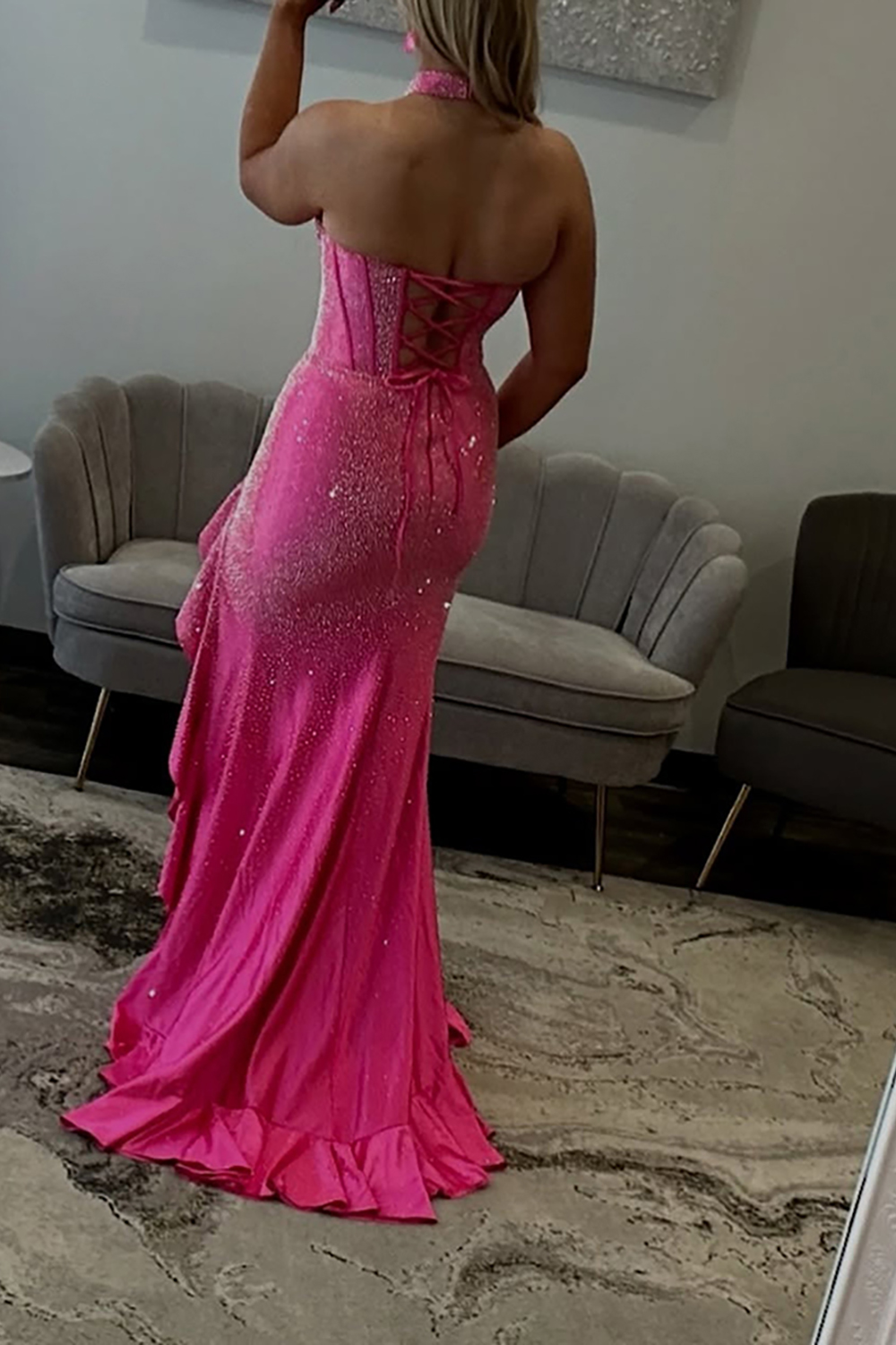 Sparkly Fuchsia Corset Mermaid Satin Beaded Long Prom Dress with Slit