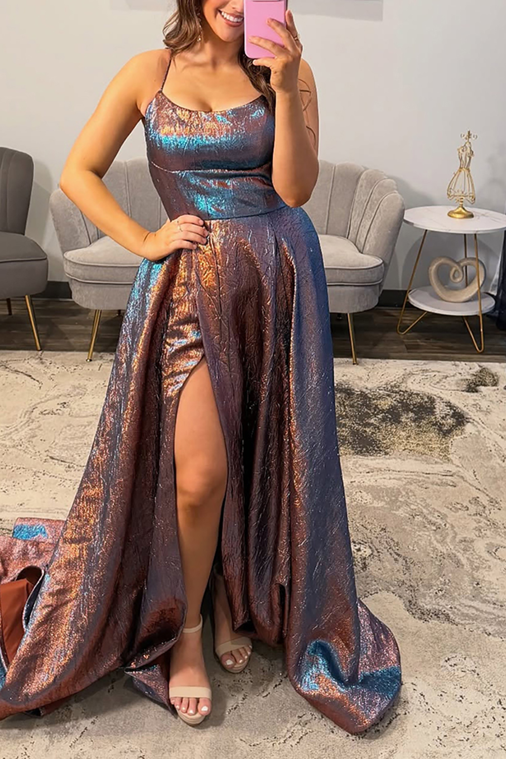 Blue Halter Ball Gown Long Prom Dress with Slit