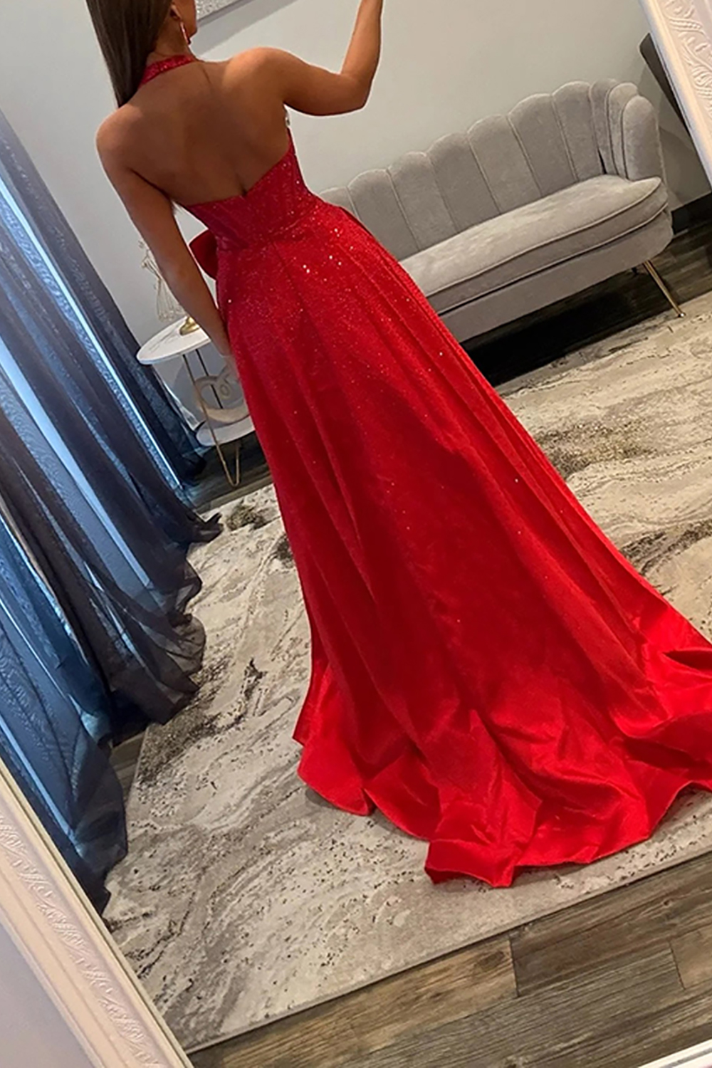 Sparkly Halter Corset Coral Beaded Long Prom Dress with Bow
