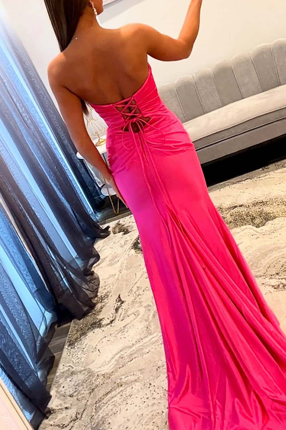 Fuchsia Satin Keyhole Mermaid Long Prom Dress with Slit