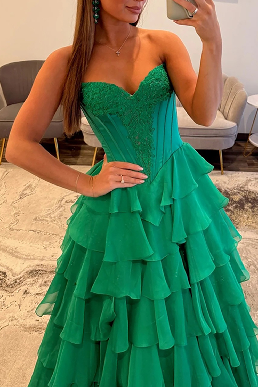 Corset Ball Gown Mint Chiffon Sweetheart Ruffled Long Prom Dress with Slit
