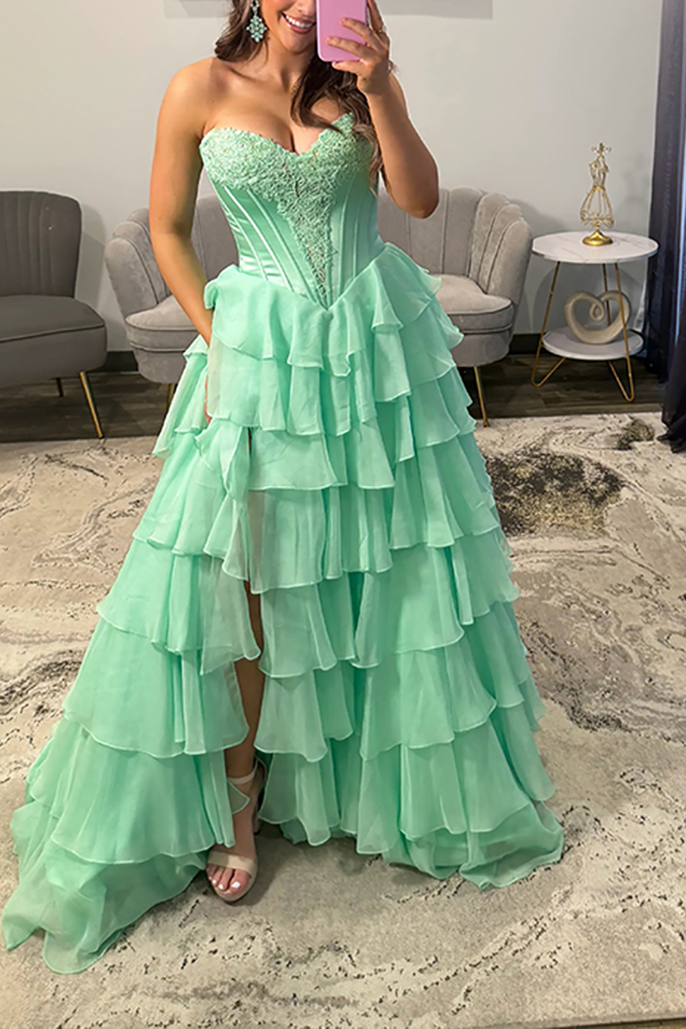 Corset Ball Gown Mint Chiffon Sweetheart Ruffled Long Prom Dress with Slit