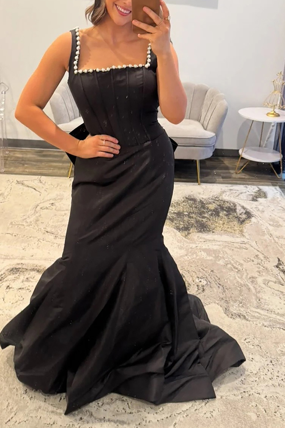 Sparkly Black Mermaid Corset Long Prom Dress with Pearls