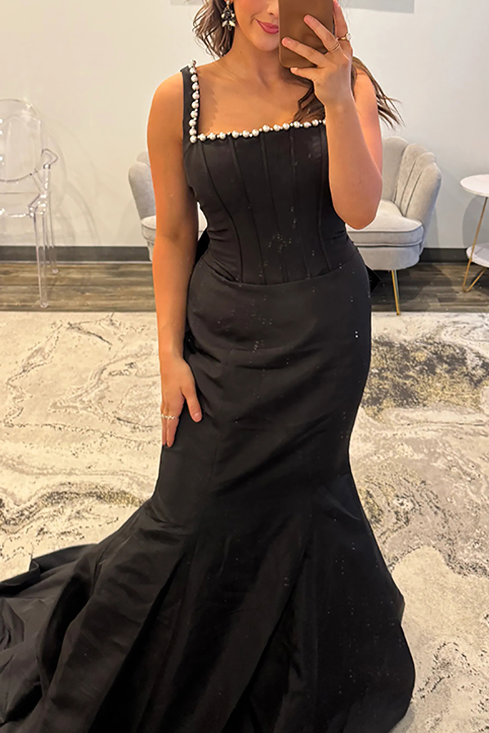 Sparkly Black Mermaid Corset Long Prom Dress with Pearls