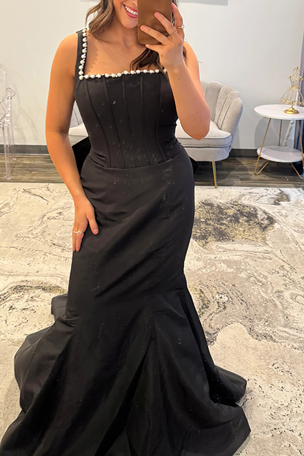 Sparkly Black Mermaid Corset Long Prom Dress with Pearls