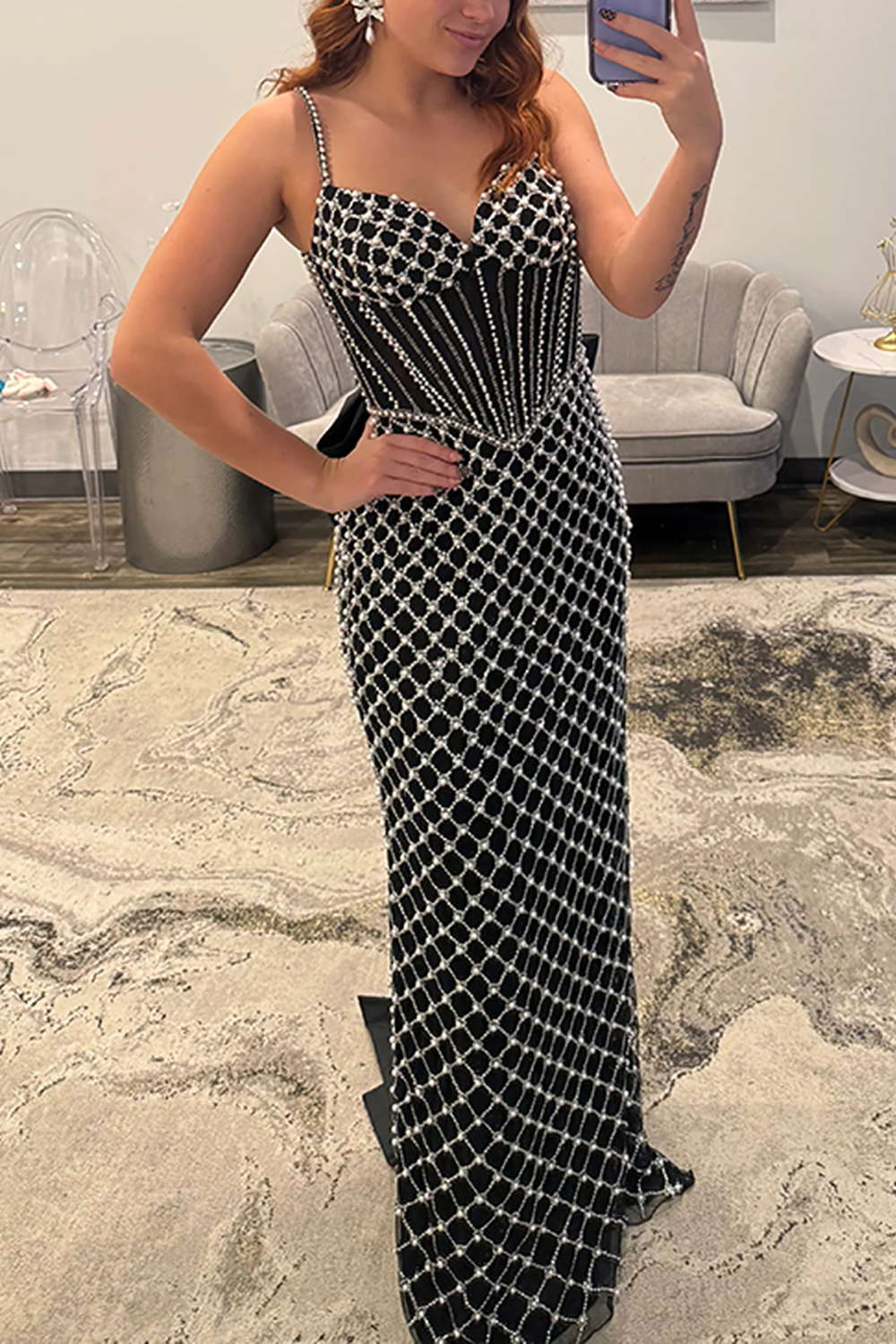 Sparkly Black Mermaid Corset Long Prom Dress with Pearls